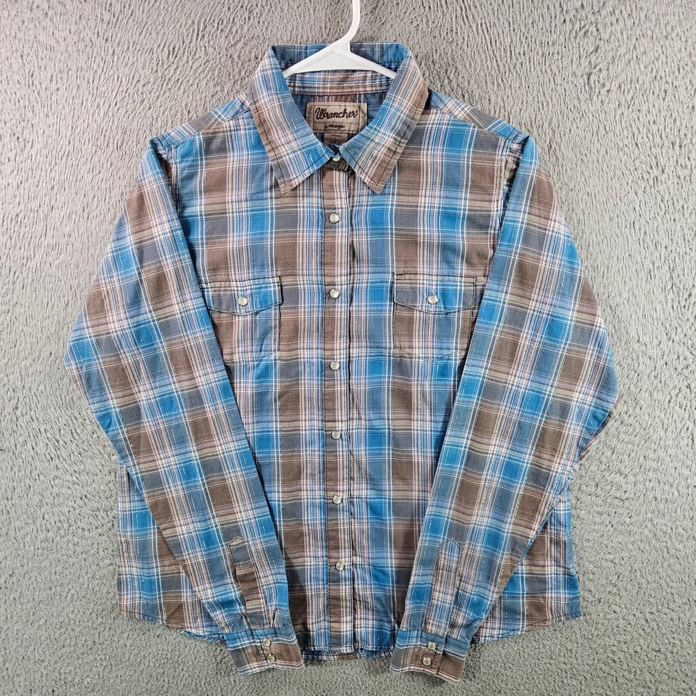 Wrangler Womens L Plaid Long Sleeve Button Up Shirt Blue Brown Pearl Snap